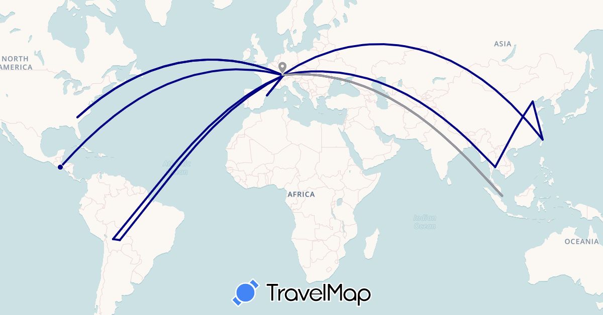 TravelMap itinerary: driving, plane in Bolivia, Switzerland, China, Spain, Singapore, El Salvador, Thailand, Taiwan, United States (Asia, Europe, North America, South America)